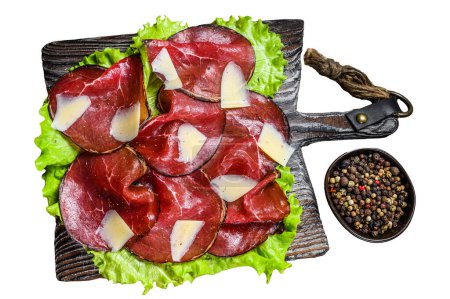 Photo for Italian Antipasti Bresaola meat cut with green salad and Parmesan Isolated on white background, Top view - Royalty Free Image