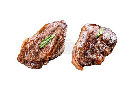 Gegrillte Roastbeef-Mütze oder Picanha-Steak auf weißem Hintergrund. Ansicht von oben