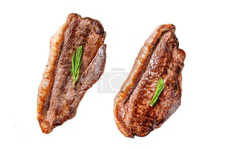 Gegrillte Roastbeef-Mütze oder Picanha-Steak auf weißem Hintergrund. Ansicht von oben