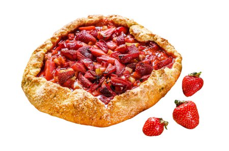 Baked galette with strawberry and rhubarb, pie on the table. Homemade pastry. Isolated on white background. Top view