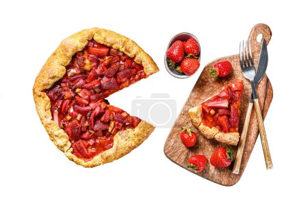 Baked galette with strawberry and rhubarb. Homemade pie, tarte. Isolated on white background. Top view