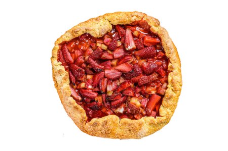 Galette with strawberry and rhubarb. Homemade tart, tarte. Isolated on white background. Top view