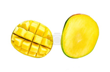 Tropical ripe mango fruit. Isolated on white background. Top view