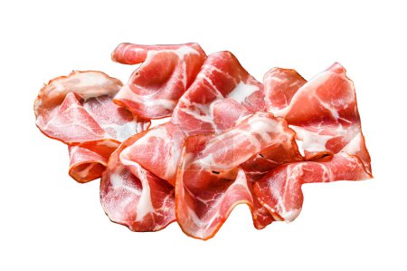 Coppa, Capocollo, Capicollo Fleisch. Vereinzelt auf weißem Hintergrund. Ansicht von oben