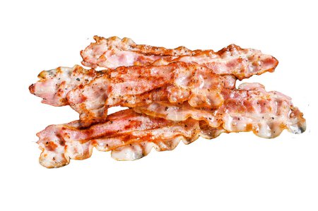 Photo for Cooked sizzling hot tasty crispy bacon. Isolated on white background. Top view - Royalty Free Image