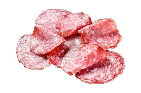 Salami sausage slices Isolated on white background. Top view