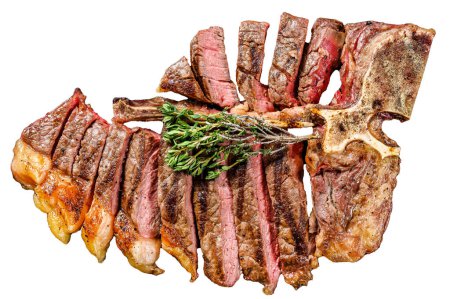 Krojony florencki stek z grilla. T mięso wołowe izolowane na białym tle. Widok z góry