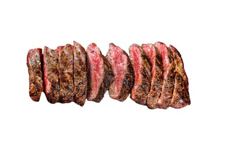 Gegrillte Braten seltene geschnittene vegane Streifen Steak. Marmor Fleisch Rindfleisch. Vereinzelt auf weißem Hintergrund. Ansicht von oben