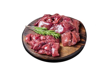 Sliced Raw chicken liver, fresh fowl offals on wooden board. Isolated on white background. Top view