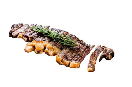 Beef New York strip steak Isolated on white background. Top view