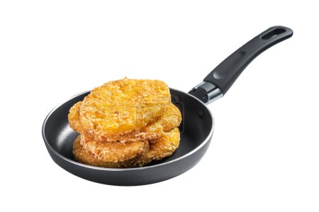 Fried Hash brown potato, hashbrown fritters in a skillet. Isolated on white background