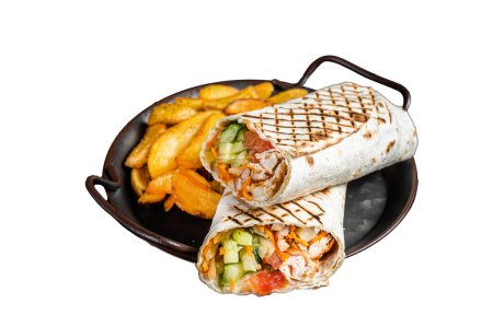 Téléchargez les photos : Shawarma Shaurma kebab avec viande, salade de légumes et frites. Isolé sur fond blanc - en image libre de droit