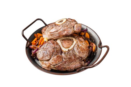 Veal shank stew Osso Buco, italian ossobuco meat steak. Isolated on white background