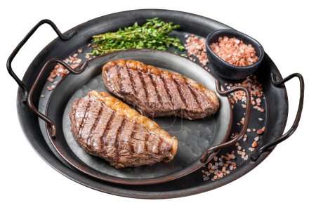 BBQ Grilled top sirloin steak, cup rump beef meat steak in a steel tray. Isolated on white background