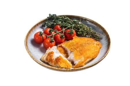 Crispy breaded tilapia filles on a plate with vegetables Isolated on white background