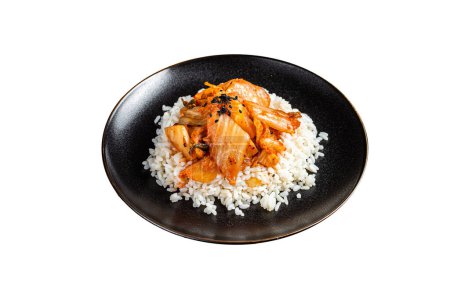 Photo for Kimchi with pork on cooked rice, traditional Korean cuisine. Isolated on white background - Royalty Free Image
