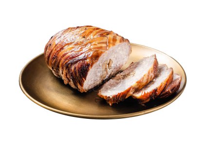 Téléchargez les photos : Pain de viande rôti enveloppé de bacon, pain de viande émincé tranché. Isolé sur fond blanc - en image libre de droit