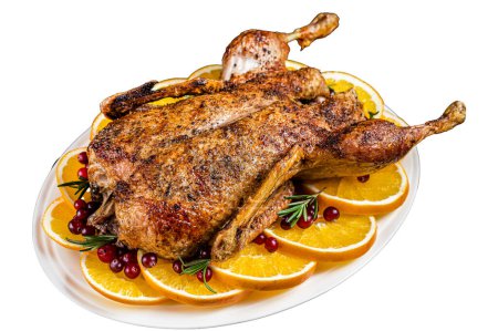 Christmas baked duck with herbs and fruits. Isolated on white background. Top view