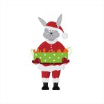 Christmas bunny dressed as Santa Claus with a box of gifts on a white background