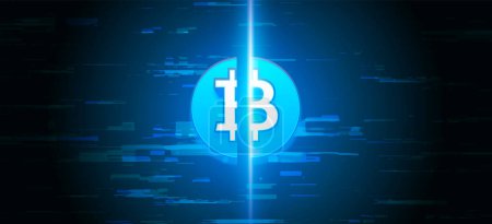 Bitcoin-Halbierung. Blaue Münze auf verwackeltem Hintergrund