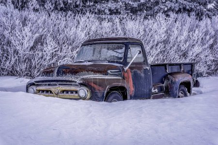 Foto de A vintage truck covered in rime frost and buried in snow on the Saskatchewan countryside - Imagen libre de derechos