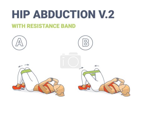 Hip Abduction with Resistance Band Exercise Guide in 2 Steps. Fitness Girl Training Her Thighs with Circle Hoop Booty Band. Vector Illustration Isolated on White Background.