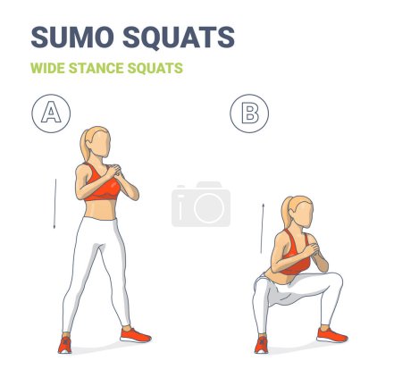 Téléchargez les illustrations : Une fille qui fait des squats Sumo. Woman Bodyweight Home Workout Guidance. Femme faisant l'instruction de squats de position large - en licence libre de droit