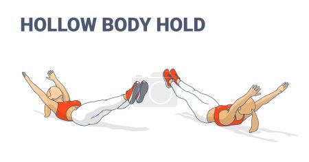 Illustration for Hollow Body Hold Pose Guide. Colorful Concept of Girl Working at Home on Her abs. - Royalty Free Image