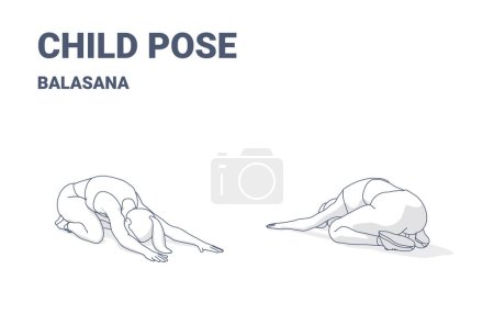 Childs Pose Exercise, Woman Home Workout Routine Guidance. Black and Wite Concept of Girl Yoga Training a Young Female in Sportswear do the Balasana Asana Outlined.