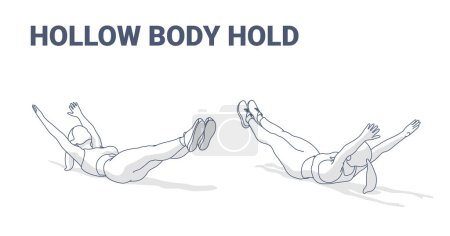 Illustration for Hollow Body Hold Pose Guide. Outlined Black and Wite Concept of Girl Working at Home on Her abs. - Royalty Free Image
