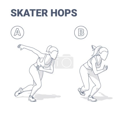 Téléchargez les photos : Guide de l'exercice de saut de patineur. Black and Wite décrit le concept d'une fille travaillant à la maison sur sa force latérale de la hanche - une jeune femme en tenue de sport faisant de l'exercice plyométrique patineurs de vitesse en deux étapes. - en image libre de droit