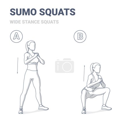 Ilustración de Chica haciendo sentadillas de sumo. Women Bodyweight Home Workout Guidance (en inglés). Mujer haciendo postura amplia sentadillas instrucción - Imagen libre de derechos