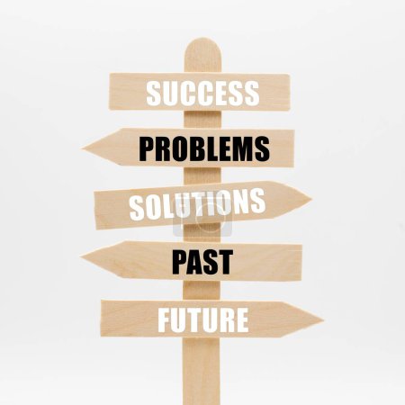 Photo for Signpost to achieve success, problems, solutions, past and future - Royalty Free Image