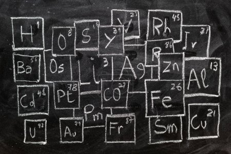 Tableau périodique d'éléments chimiques manuscrits à la craie sur tableau noir