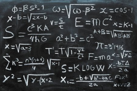 Mathematical operations and quantum physics formulas written with chalk on the blackboard
