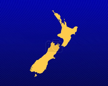 Fondo de gradiente azul, Mapa amarillo y diseño de líneas curvas del país Nueva Zelanda - ilustración vectorial
