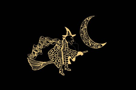Ilustración de Zentangle arte para bruja volando a la Luna con color dorado aislado sobre fondo negro oscuro - ilustración vectorial - Imagen libre de derechos