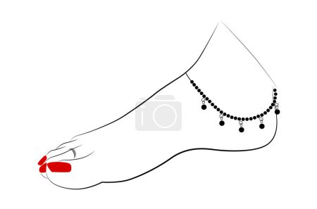 Illustration for Indian married woman feet with anklet and Teo ring line drawing isolated on white background - vector illustration - Royalty Free Image