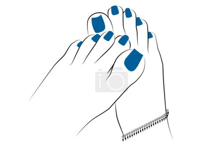 Illustration for Woman feet with anklet and Blue nails line drawing isolated on white background - vector illustration - Royalty Free Image