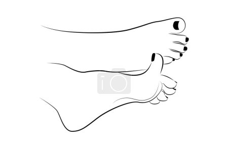 Woman feet with black nails line drawing isolated on white background - vector illustration