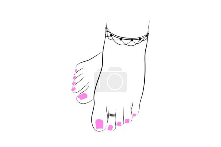 Hermosos pies de mujer india con la tobillera y el dibujo de la línea de anillo de Teo aislado sobre fondo blanco - ilustración vectorial
