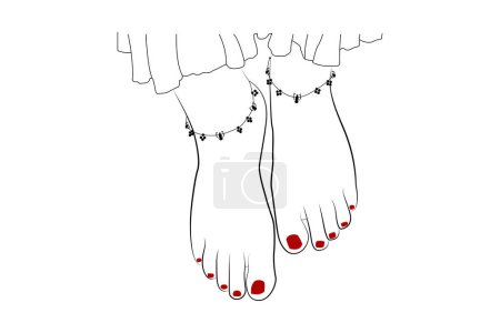 Hermosa chica pies con falda, tobilleras y clavos rojos línea de dibujo aislado sobre fondo blanco - ilustración vectorial