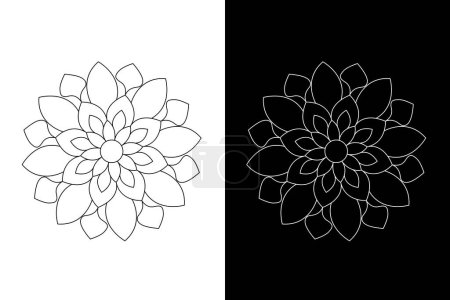 Indian traditional and cultural Rangoli design concept of floral mandala line drawing isolated on black and white background - vector illustration