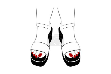 Hermosa mujer pies con tacones altos y líneas de clavos rojos dibujo aislado sobre fondo blanco - ilustración vectorial