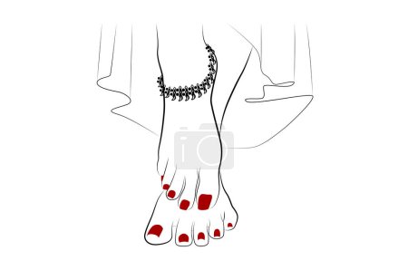 Hermosa mujer india pies con falda y clavos rojos línea de dibujo aislado sobre fondo blanco - ilustración vectorial