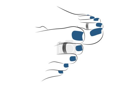Primeros planos hermosos pies de mujer con clavos azules y anillos de dedo del pie dibujo de línea aislado sobre fondo blanco - ilustración vectorial