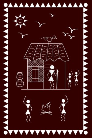 Illustration for Abstract painting of warli style art in white color isolated on dark red background - vector illustration - Royalty Free Image