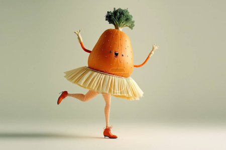 Foto de Unique style cheerful funny carrot with skirt dancing isolated on a white background. Vegetable healthy food concept. - Imagen libre de derechos