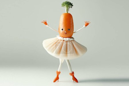 Photo for Unique style cheerful funny carrot with skirt dancing isolated on a white background. Vegetable healthy food concept. - Royalty Free Image