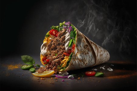 Photo for Turkish fast food delicious homemade shawarma. Burrito wrap with chicken and vegetables on a cutting board, against a dark background, Mexican shawarma. - Royalty Free Image